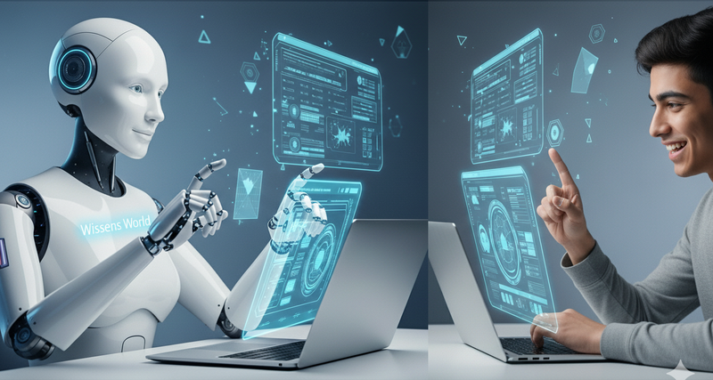 A human hand interacts with a holographic interface showing language learning tools and icons.