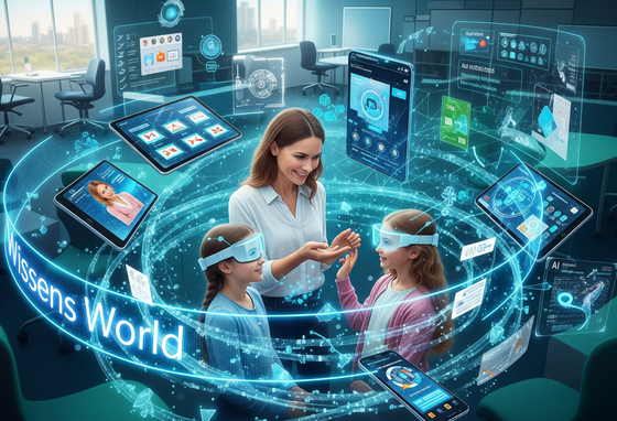 An illustration of a seamless connection between a teacher, a student, and a network of smart technology, representing a future-proof language learning ecosystem.